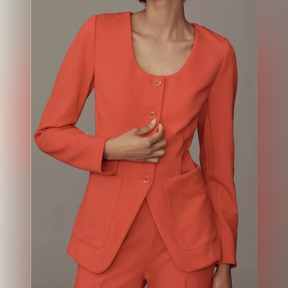 Anthropologie Maeve Blazer Scoop Neck Cutaway Red Jacket - Picture 8 of 11